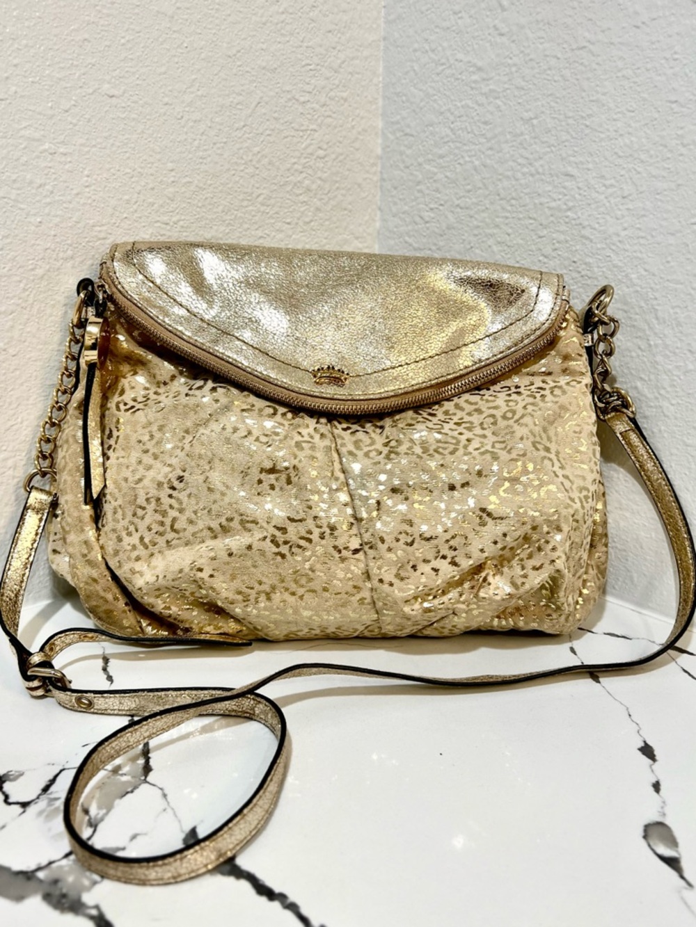 Juicy Couture Gold Glam Metallic Leopard Crossbody Bag Y2K
